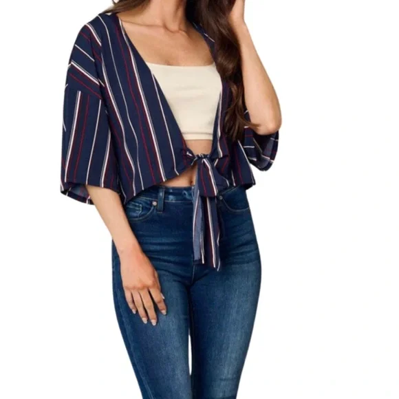 WOMEN'S FRONT TIE STRIPES TOP - Picture 3 of 3